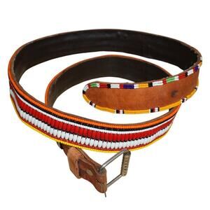 Vintage Handmade Beaded Leather Belt Southwestern Tribal Size 37